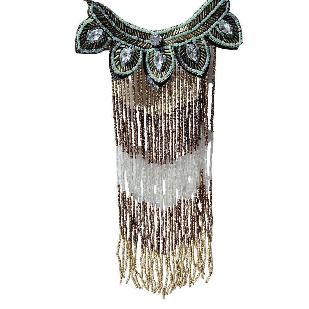 Boho Seed Beaded Fringe Statement Bib Necklace Crystal Accents Ethnic Jewelry